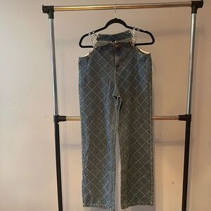 Criss Cross Pattern Denim Jeans with Silver Hip Chains